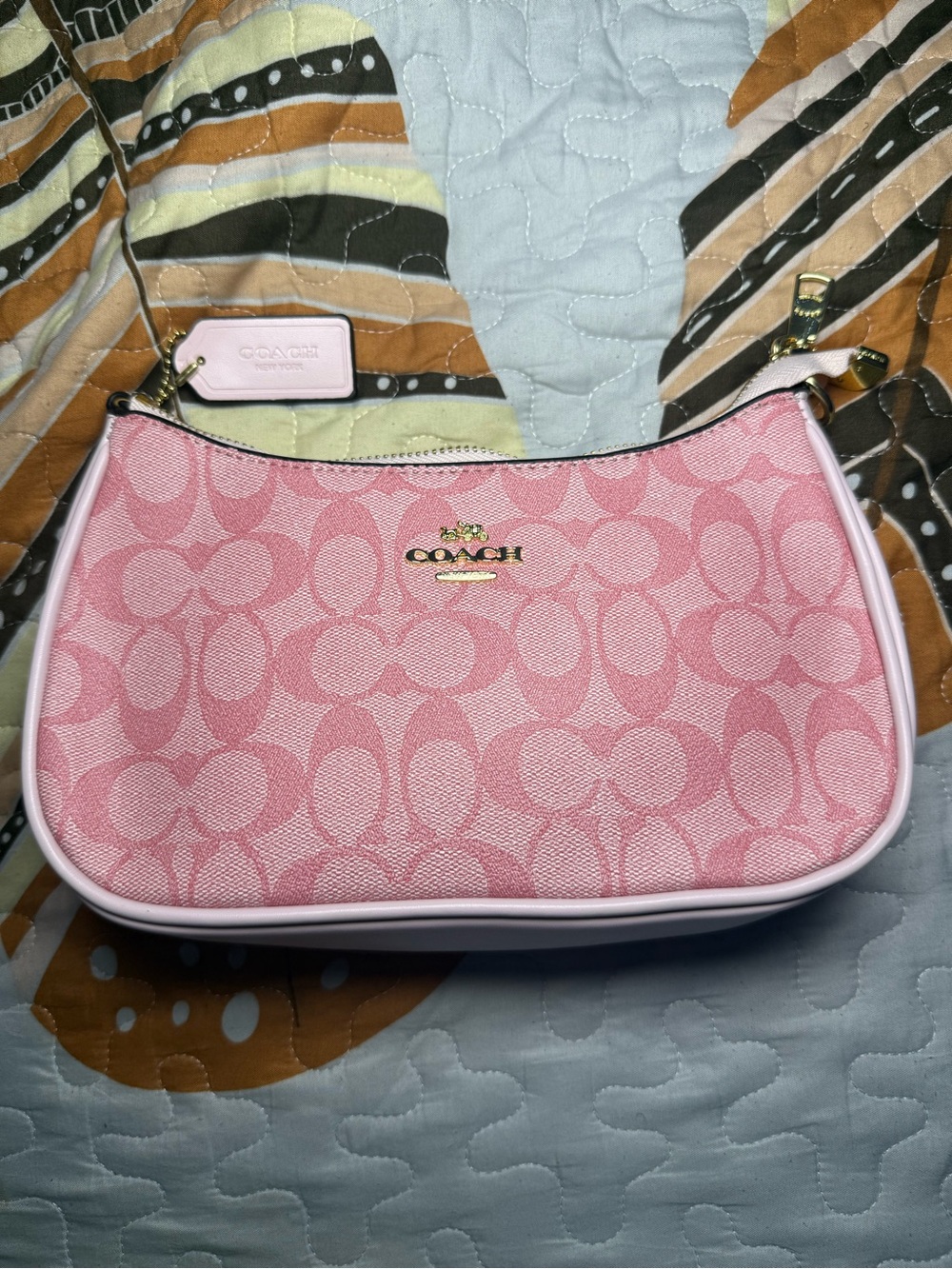 Coach Pink Signature Logo Shoulder Bag with Gold-Tone Hardware
